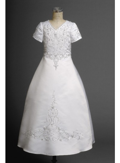 2023 Cute Hottest V-neck A-line Short Sleeves Satin Actual First Holy Communion Dresses 