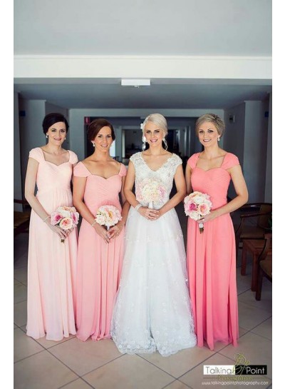 2023 A Line Water Melon Chiffon With Capped Sleeves Long Bridesmaid Dresses / Gowns