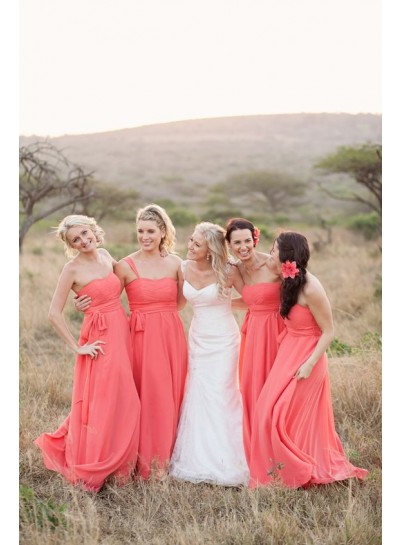 2024 A Line Water Melon Chiffon Strapless Long Bridesmaid Dresses / Gowns