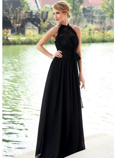 2024 Elegant A Line Black Chiffon High Neck Lace Long Bridesmaid Dresses / Gowns