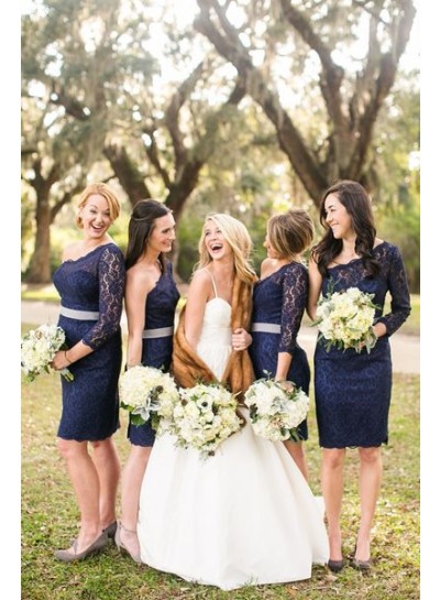 2024 A Line One Shoulder Dark Navy Lace Knee Length Bridesmaid Dresses / Gowns