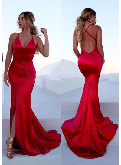 2022 Sexy Mermaid Red Side Slit Backless Prom Dresses