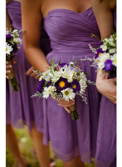 2024 Newly A Line Purple Chiffon Sweetheart Short Bridesmaid Dresses / Gowns
