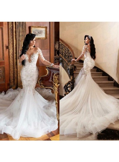2022 V-neck Long Sleeves Lace Wedding Dresses