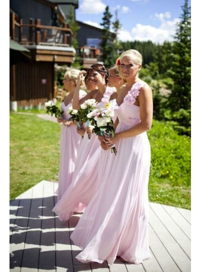 2023 A Line One Shoulder Floral Chiffon Pink Long Bridesmaid Dresses / Gowns