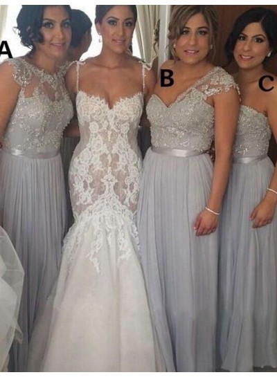 2024 A Line Silver Chiffon Beaded Long Bridesmaid Dresses / Gowns