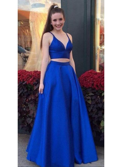 2022 Elegant Princess/A-Line Satin Royal Blue Two Pieces Prom Dresses