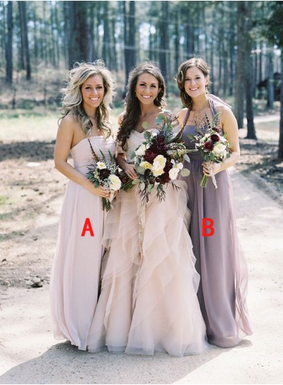 2024 New Arrival Purple A Line Strapless Chiffon Long Bridesmaid Dresses / Gowns