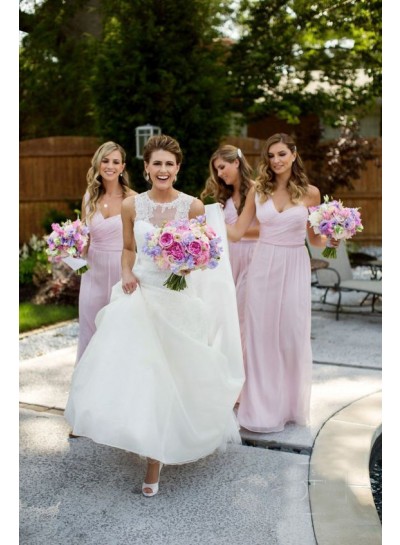 2024 A Line Chiffon Pink One Shoulder Long Bridesmaid Dresses / Gowns