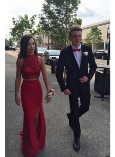 Red Column/Sheath Two Pieces Side Slit Prom Dresses