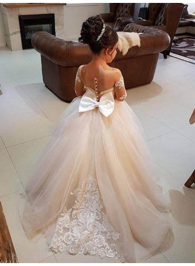 2023 Long Sleeves Ball Gown Off-the-Shoulder Sweep/Brush Train Applique Tulle First Holy Communion Dresses / Flower Girl Gowns
