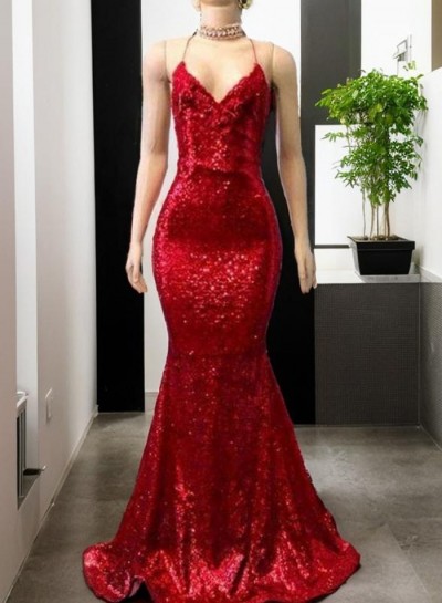 2024 Sexy Halter Sequins Red Mermaid  Prom Dresses