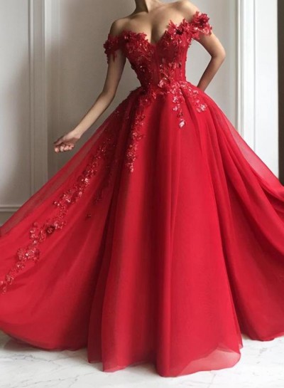 Off Shoulder A Line Red Tulle With Appliques Sweetheart Long Prom Dresses