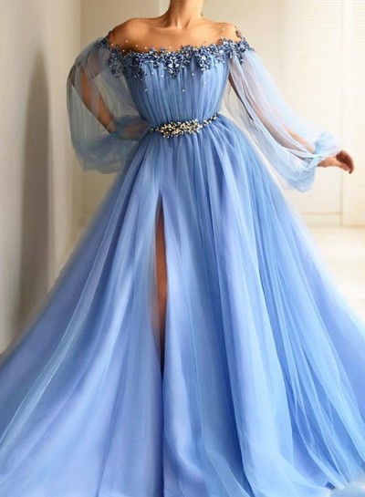 2024 New Arrival Prom Dresses A Line Blue Side Slit Tulle Off Shoulder Long Sleeves
