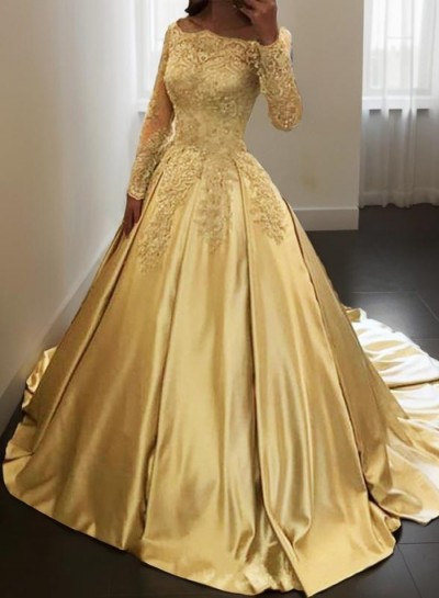 New Princess/A-Line Champagne Long Sleeves Satin Prom Dresses