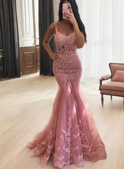 2024 Prom Dresses Mermaid Tulle Pink Sweetheart With Appliques