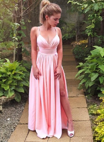 2024 Siren Princess/A-Line Pink Sweetheart Side Slit Prom Dresses