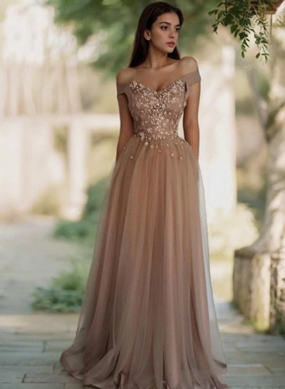 2024 New Design A Line Tulle Off Shoulder Sweetheart Long Prom Dresses With Appliques