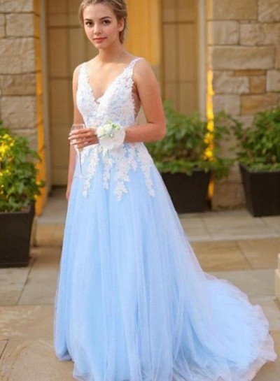 Elegant A Line Tulle Blue And White Appliques V Neck Long Prom Dresses 2024
