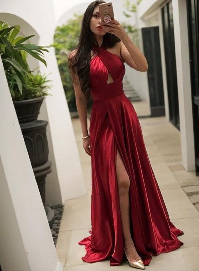 2024 Charming A Line Red Elastic Satin Side Slit Halter Backless Long Prom Dresses
