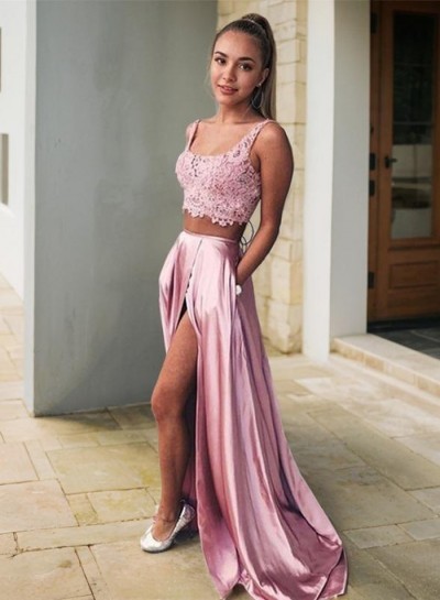 2024 Illusion Dusty Rose Two Piece Lace Satin A-line Prom Dresses