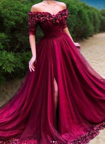 2024 Side Split Prom Dresses Burgundy Off The Shoulder Appliques A-Line Tulle Half Sleeve