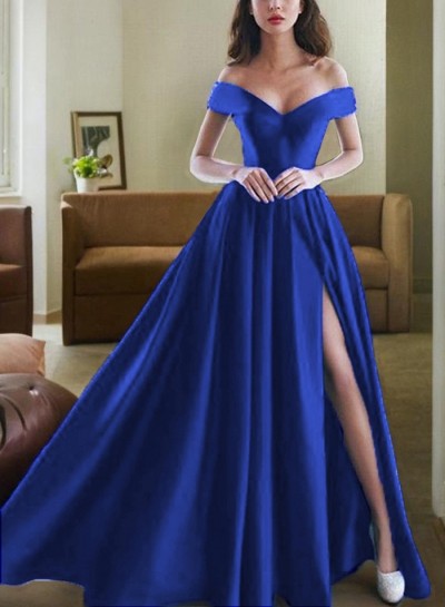 2024 Off The Shoulder Prom Dresses Royal-Blue V-Neck Side Split Pleated Elegant Long
