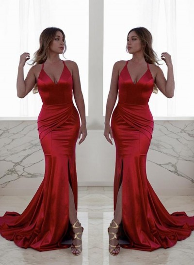 2024 Sexy Mermaid Red Side Slit Backless Prom Dresses