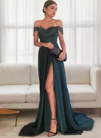 2024 Siren Princess/A-Line Satin Off The Shoulder Side Slit Dark Green Prom Dresses