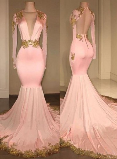 Long Sleeves Blushing Pink Deep V Neck Mermaid  Backless With Gold Appliques Prom Dresses