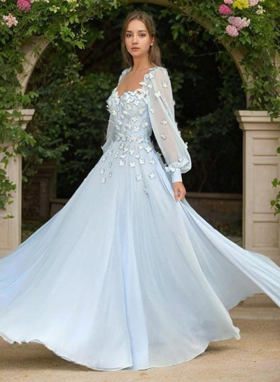 2024 Prom Dresses Chiffon A-Line Long Sleeves Sweetheart With Butterflies Patterns