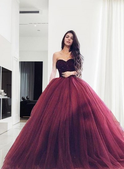 2024 New Arrival Prom Dresses Tulle Burgundy Sweetheart Sequence Ball Gown