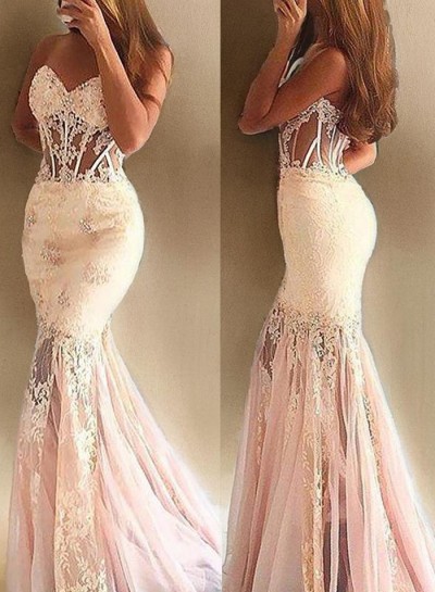 Pale Pink Tulle Sweetheart Mermaid  Prom Dresses With Appliques