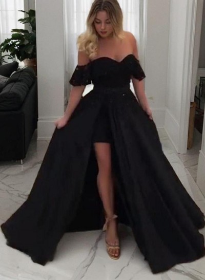 2024 Off The Shoulder Prom Dresses High Low Sweetheart Satin Simple Pleated Black