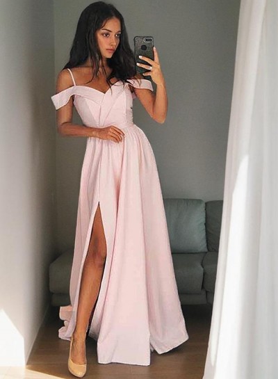 2024 Spaghetti Straps Prom Dresses Pink Satin Off The Shoulder A-Line Pleated Side Split Long