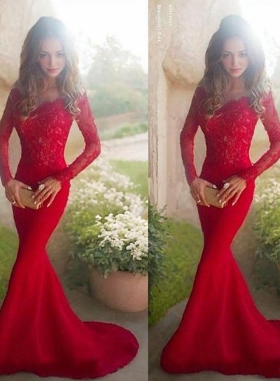 Off Shoulder Lace Long Sleeve Mesh Mermaid  Red Prom Dress