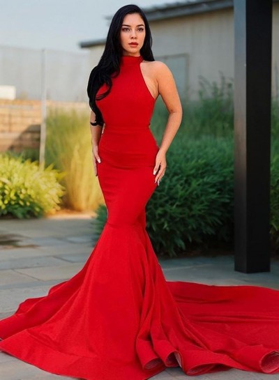 2024 Charming Prom Dresses Red Satin Mermaid High Neck Backless