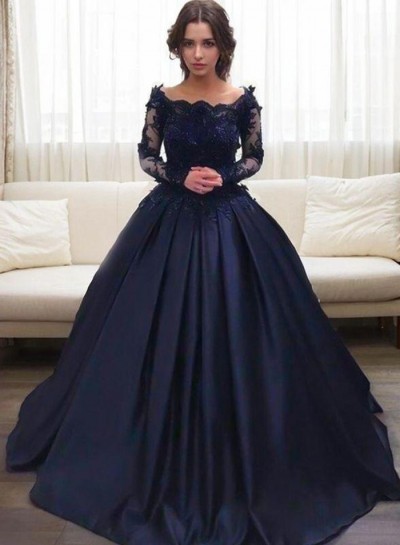 2024 New Arrival Prom Dresses Long Sleeves Dark Navy Off Shoulder Satin Ball Gown
