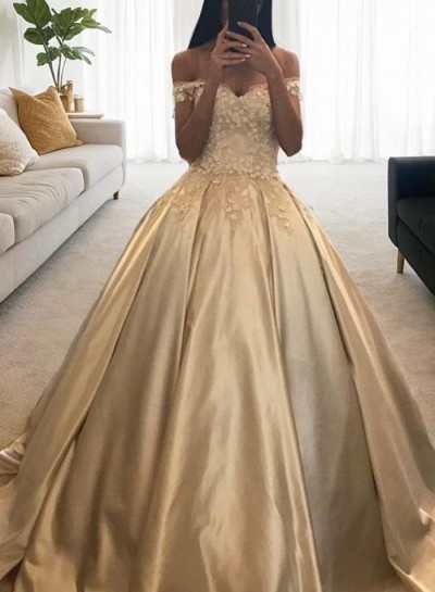 2024 Elegant Prom Dresses Sweetheart Off Shoulder Satin Ball Gown Champagne