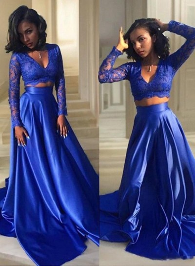 2024 Princess/A-Line Royal Blue Long Sleeves Two Pieces Prom Dresses