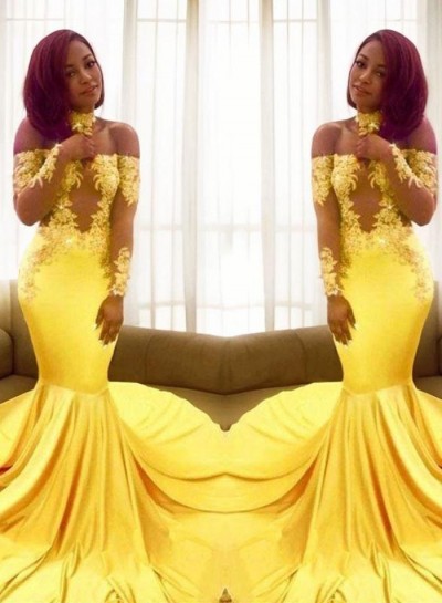 Off Shoulder Mermaid  Long Sleeves Yellow Long Train Prom Dresses With Appliques 