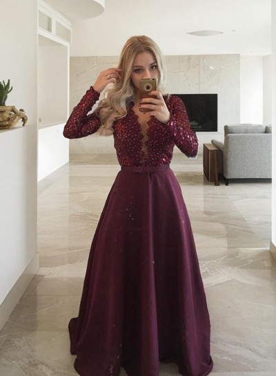 Burgundy Prom Dresses Long Floor length A-Line V-Neck Lace Spliced  Satin