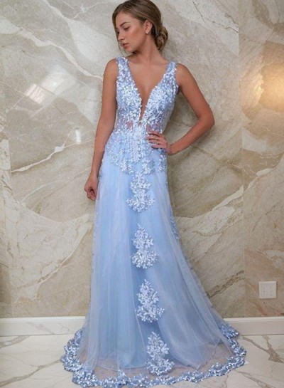 2024 Prom Dresses A-Line Light Sky Blue Tulle With Appliques V Neck Long Dress
