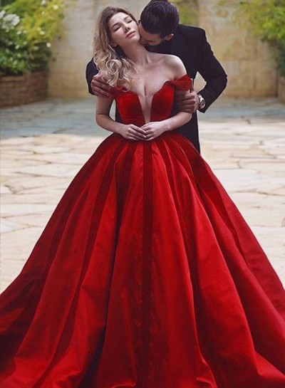 2024 Sheer Prom Dresses Deep V-Neck Off Shoulder Red Satin Ball Gown Pleated Long