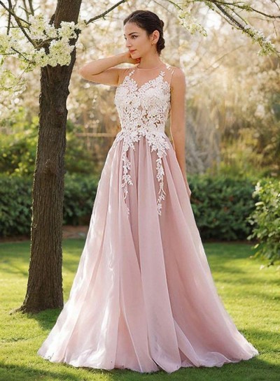 2024 Blushing Pink A-line Chiffon Appliques Prom Dresses
