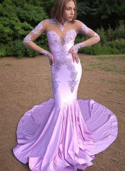 2024 Sexy Long Sleeves Lace Mermaid  Lilac Prom Dresses