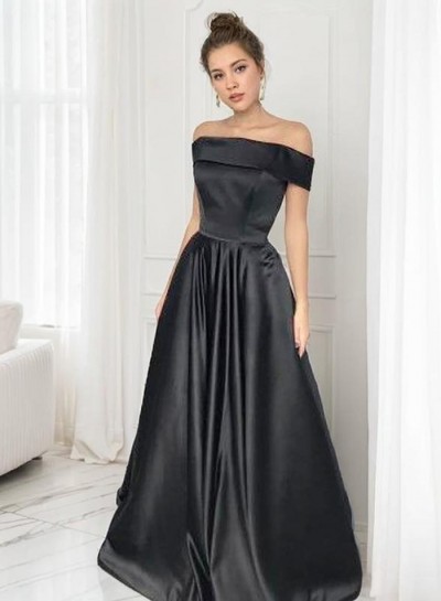 A Line Satin Black Off Shoulder Simple Prom Dress 2024