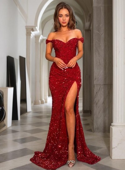Sheath/Column Sequins Ruched Sleeveless Off the Shoulder Sweep/Brush Train 2024 Prom Dresses