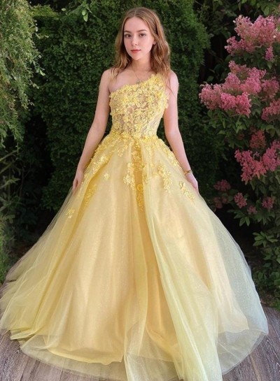 2024 A-Line/Princess One-shoulder Sleeveless Tulle Appliques Sweep/Brush Train Prom Dresses