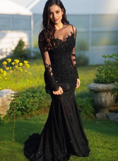 2024 Siren Black Mermaid Tulle Long Sleeves Prom Dresses With Appliques